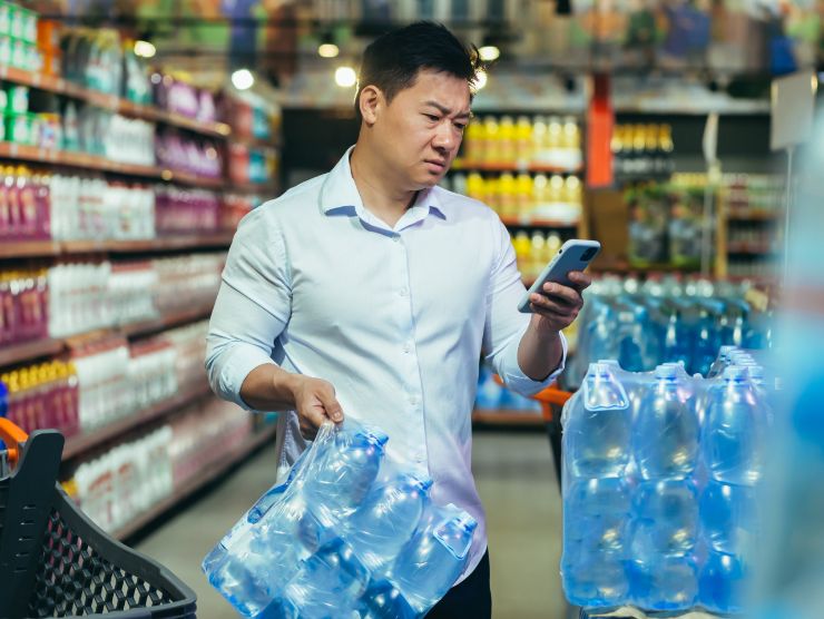 uomo compra acqua al supermercato 